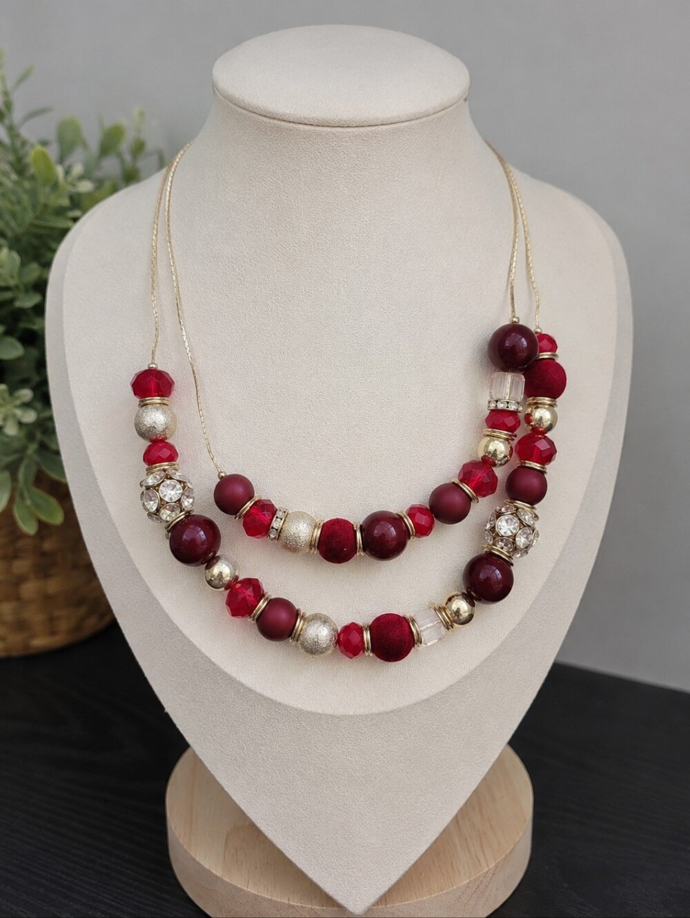 Burgundy Beaded Statement Necklace Gold Tone Rhinestone Crystal Accent